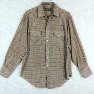 Plainsman Mens Shirt Western Button‎ Down Pearl Snaps Tan Blue Plaid 16 1/2 35